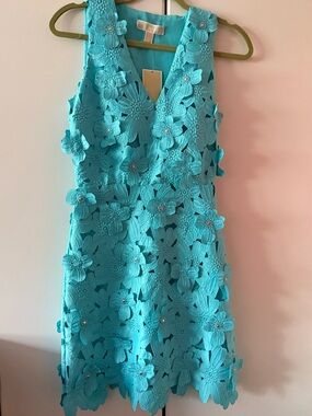 Michael Kors Turquoise Floral Appliqué V-Neck Dress